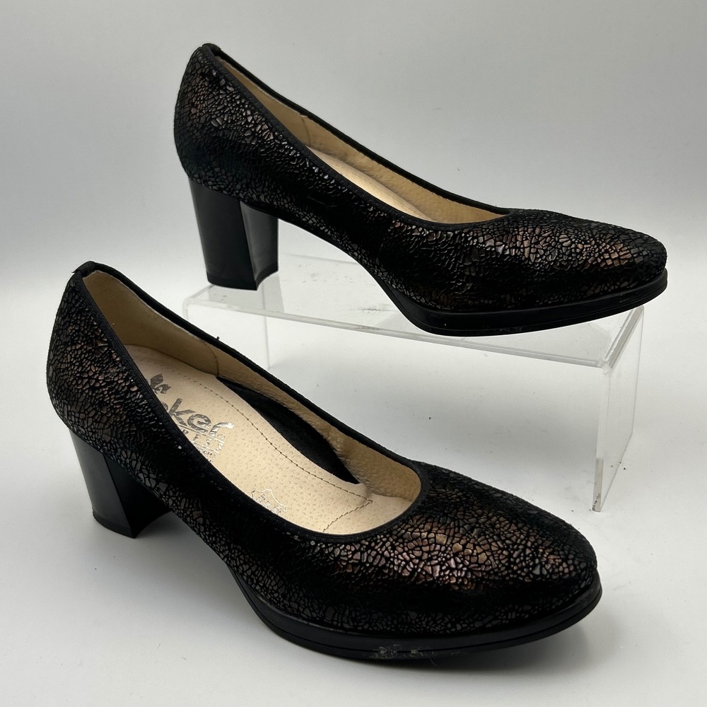 Rieker Antistress Pumps Womens 37 Black Bronze Crackle Block Heel Office Classic